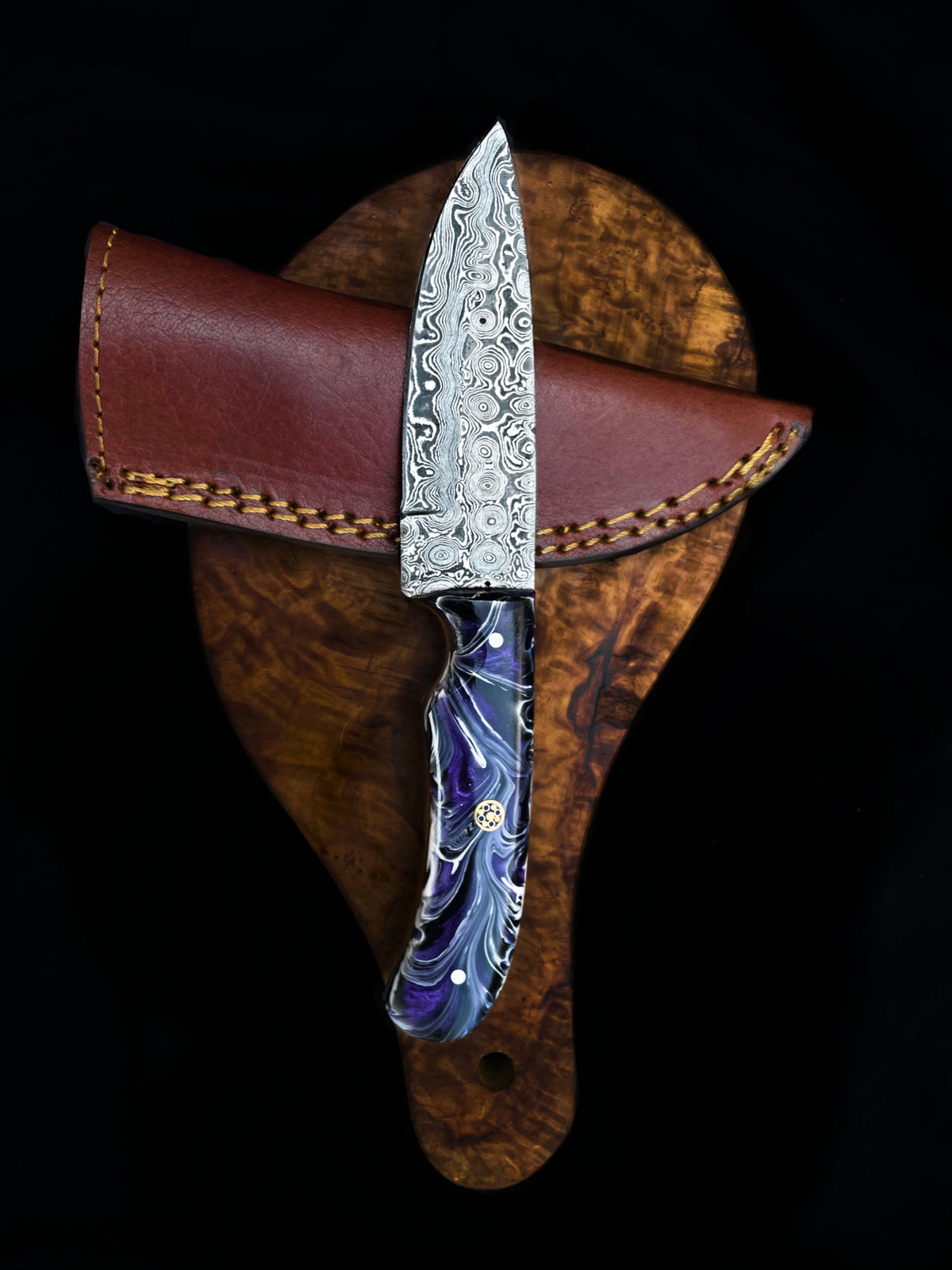 Titan TD-702 Damascus EDC Knife with purple handle leather sheath store on Tampa Home & Garden Store
