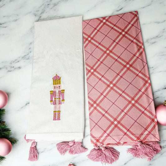 Nutcracker Tea Towel Gia Roma pink plaid & white embroidered dish towel set of 2 with tassels on Tampa Home & Garden Store