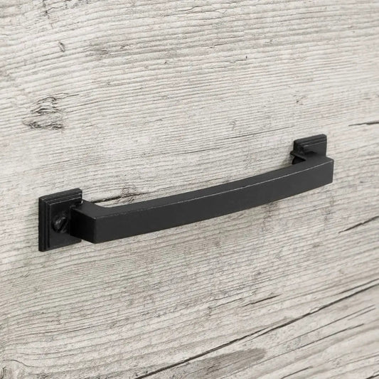 Washed Pine Nightstand pull handle in black metal bar style mounted on weathered gray wood surface on Tampa Home & Garden Store