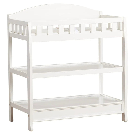 Modern white wooden baby changing table with rail and arched back, two fixed shelves on Tampa Home & Garden Store