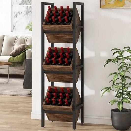 Rustic Farmhouse Industrial 3-Bin Wine Rack with dark wood bins and black metal frame on Tampa Home & Garden Store