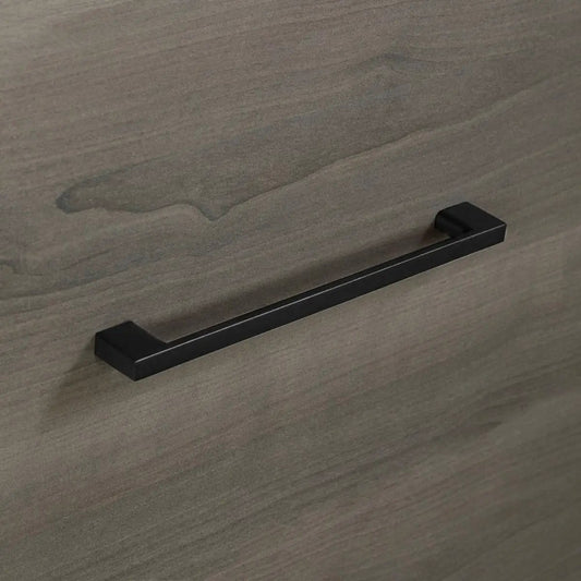 HomePacific black metal bar drawer pull on a modern grey wood nightstand surface on Tampa Home & Garden Store