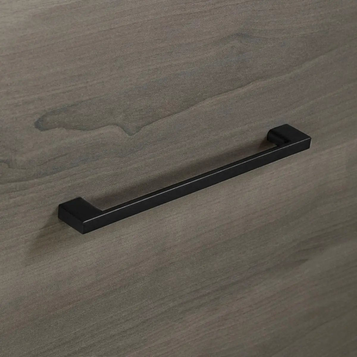 Modern Grey 6 Drawer Double Dresser closeup of a black metal bar pull on grey wood finish on Tampa Home & Garden Store