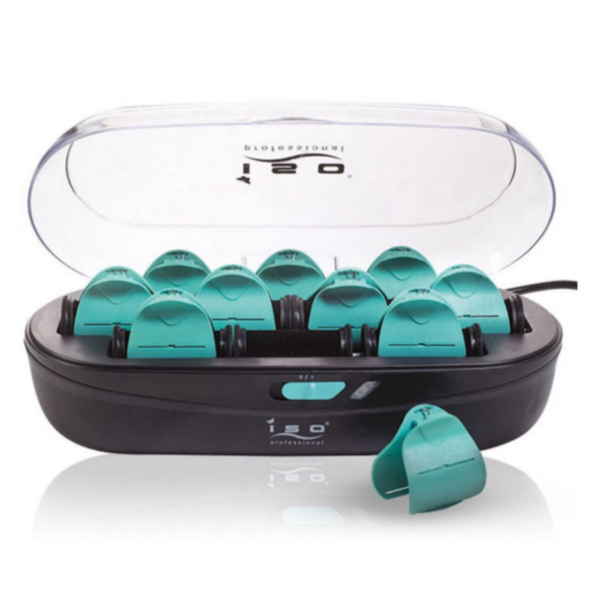 10pc pearl ceramic maximum ionic hot roller set with teal rollers in a clear storage case on Tampa Home & Garden Store