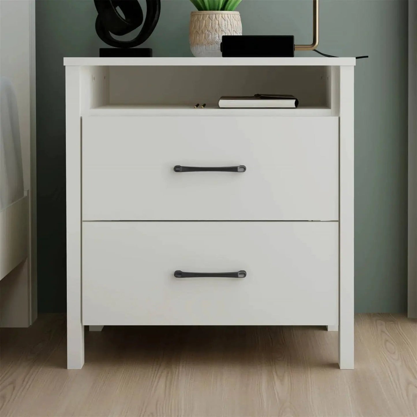 Modern white nightstand with two drawers and open shelf, black metal handles on Tampa Home & Garden Store