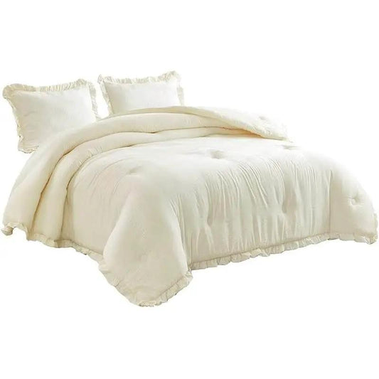 Ivory microfiber comforter set with ruffled edge, 3-piece full-size with two shams on Tampa Home & Garden Store