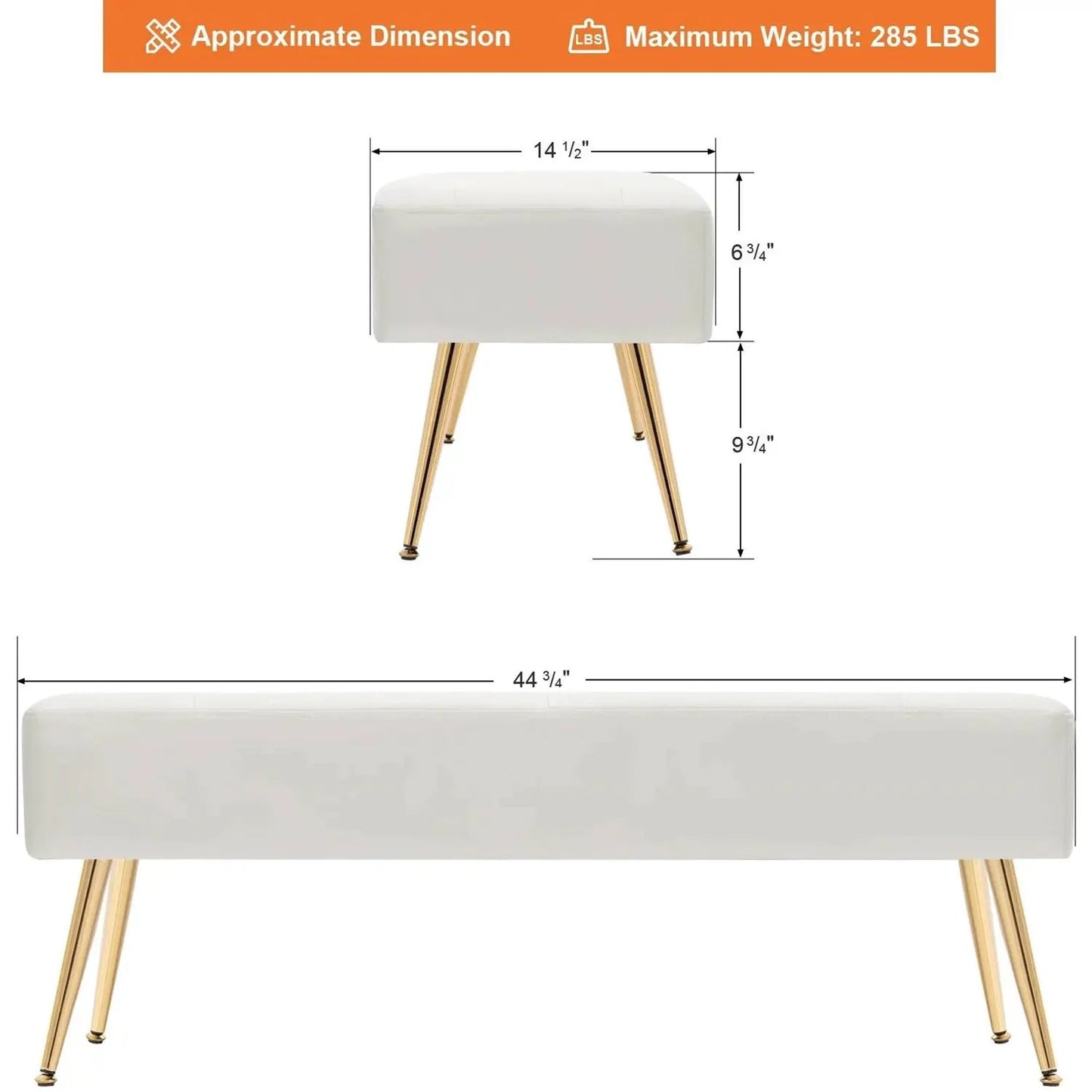 Modern Bed Bench Ottoman with White Ivory PU Leather Seat and Gold Metal Legs - Tampa Home & Garden Store
