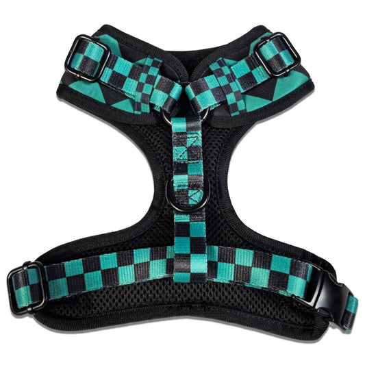 Ichimatsu Checker Dog Harness with Soft Mesh teal/black plaid straps & metal hardware on Tampa Home & Garden Store