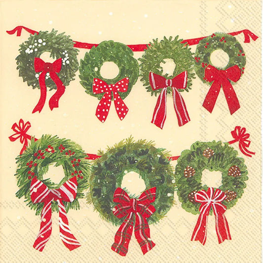 Ideal Home Range Maret Wreath Cream Lunch Napkin festive wreaths with red ribbons on Tampa Home & Garden Store