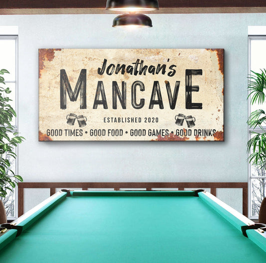 Good Times Personalized Man Cave Sign canvas by Tailored Canvases; beige with black text on Tampa Home & Garden Store
