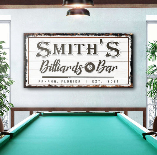 Canvas sign reading Smith's Billiards & Bar with rustic frame by Tailored Canvases on Tampa Home & Garden Store