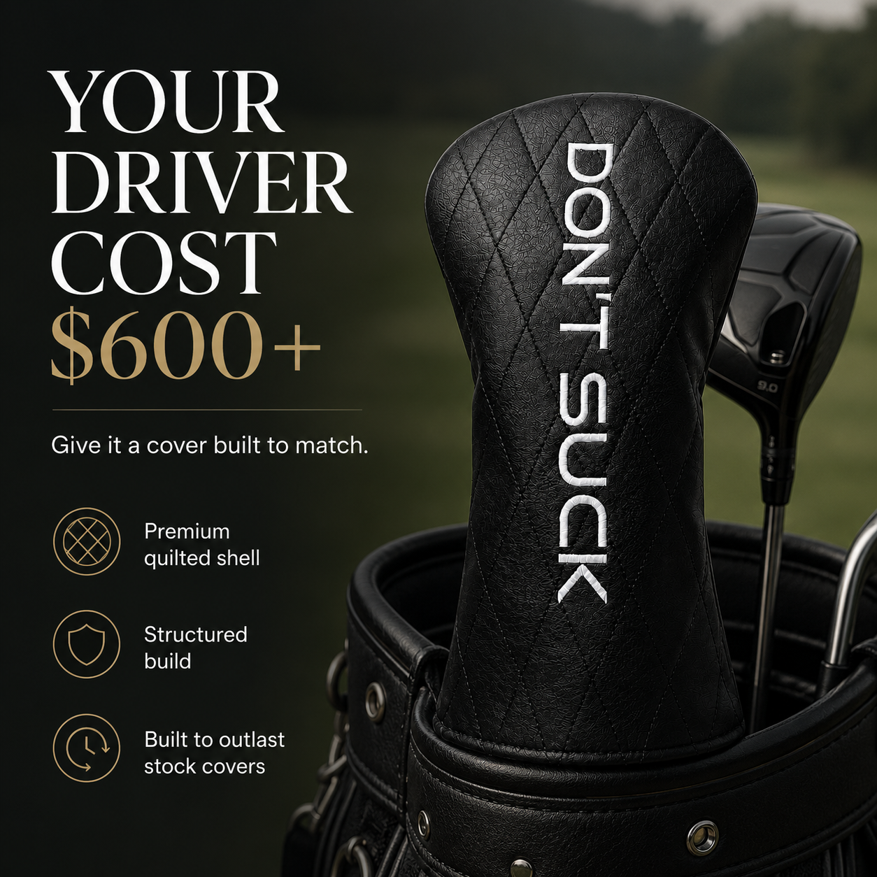 Don’t Suck Driver Headcover premium black diamond-quilted for 460cc drivers on Tampa Home & Garden Store