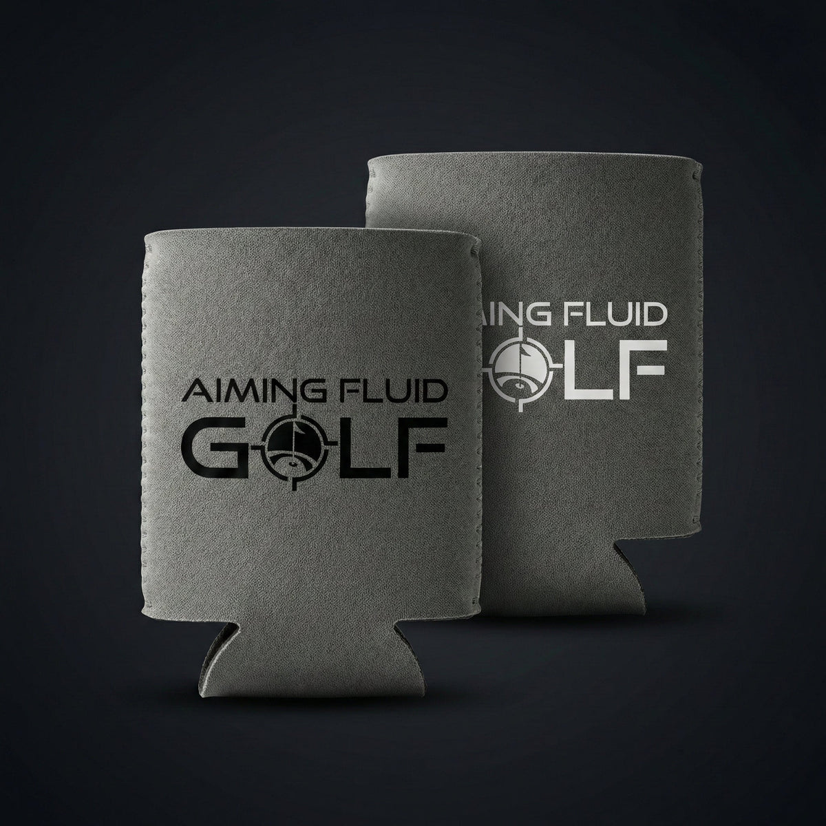 Brewski Koozie gray textured neoprene, Aiming Fluid Golf brand, 2 golf koozies displayed on Tampa Home & Garden Store