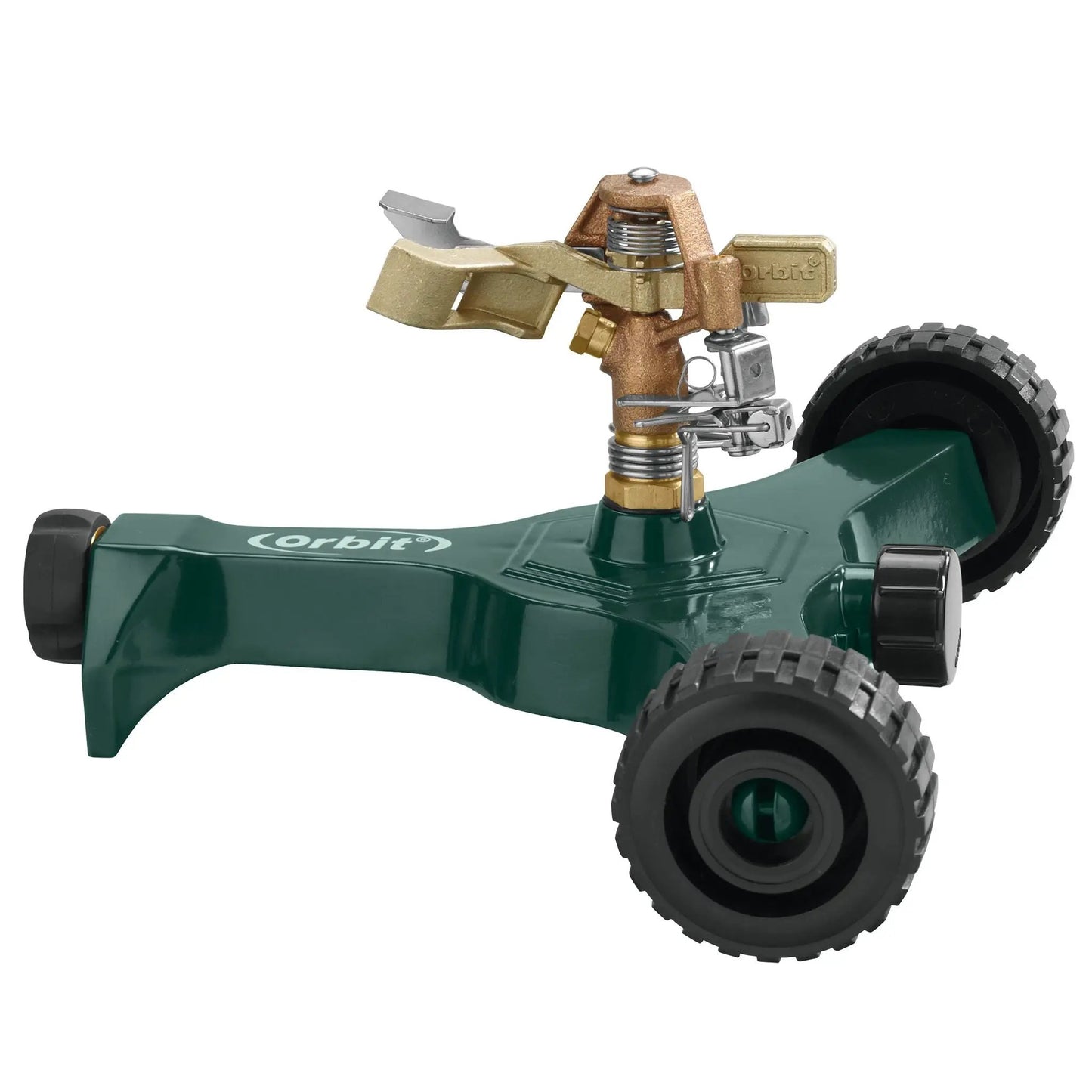 Brass impact sprinkler on a metal wheel base with Orbit Irrigation branding on Tampa Home & Garden Store