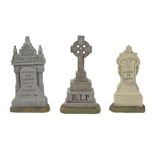 Gravestone Monuments 3-Piece Set gray beige for Halloween display by Country Christmas Loft on Tampa Home & Garden Store