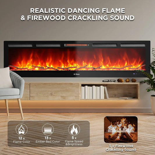 In Flames WiFi Electric Fireplace with black frame, glass front, logs and dancing flames on Tampa Home & Garden Store