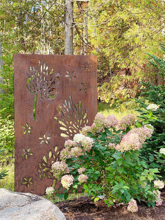 Privacy screen outdoor metal wall art with rust finish and floral cutouts, 46-inch, Rustica on Tampa Home & Garden Store