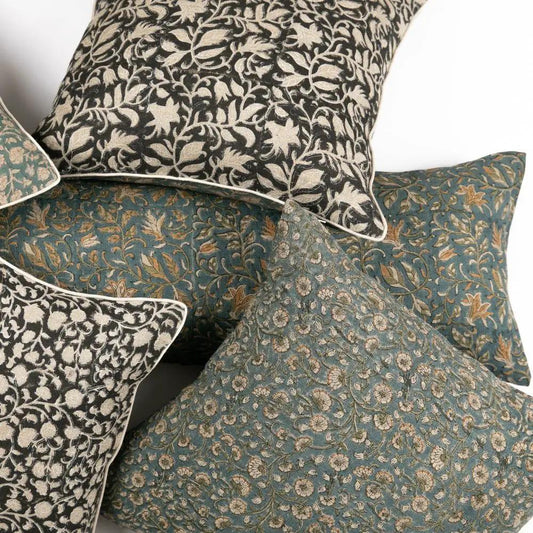 Inaya Linen Floral Throw Pillow Covers set of 4 teal and black/cream patterns White Cliff Studio on Tampa Home & Garden Store