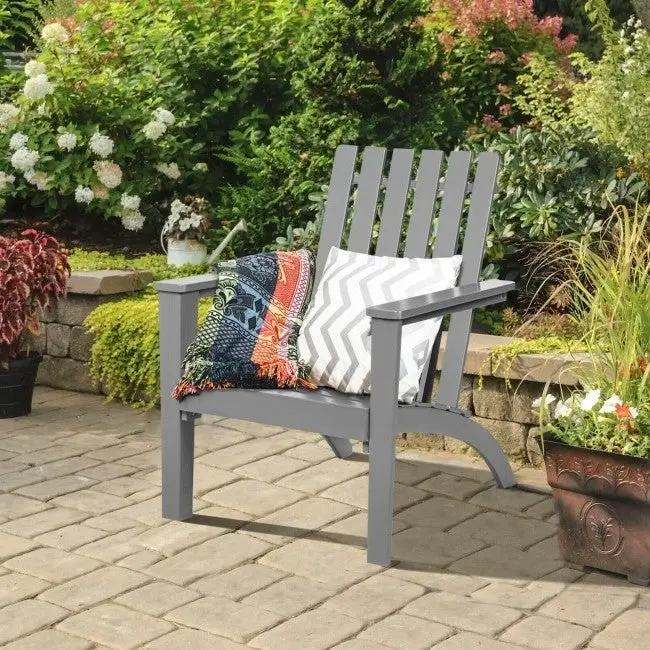 Acacia Wood Adirondack Chair grey with a colorful throw blanket and chevron pillow on Tampa Home & Garden Store