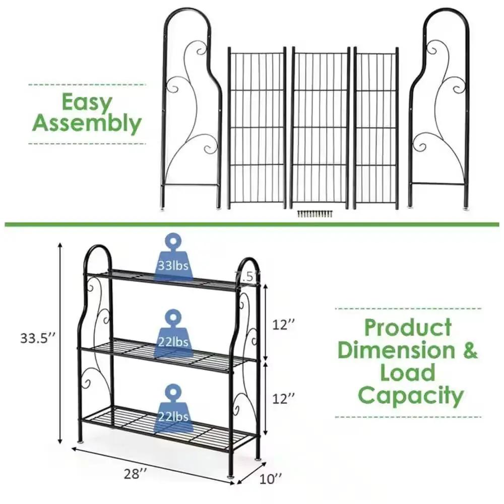 Indoor Outdoor Black Metal 3-Tier Bookcase Stand with three wire shelves on Tampa Home & Garden Store