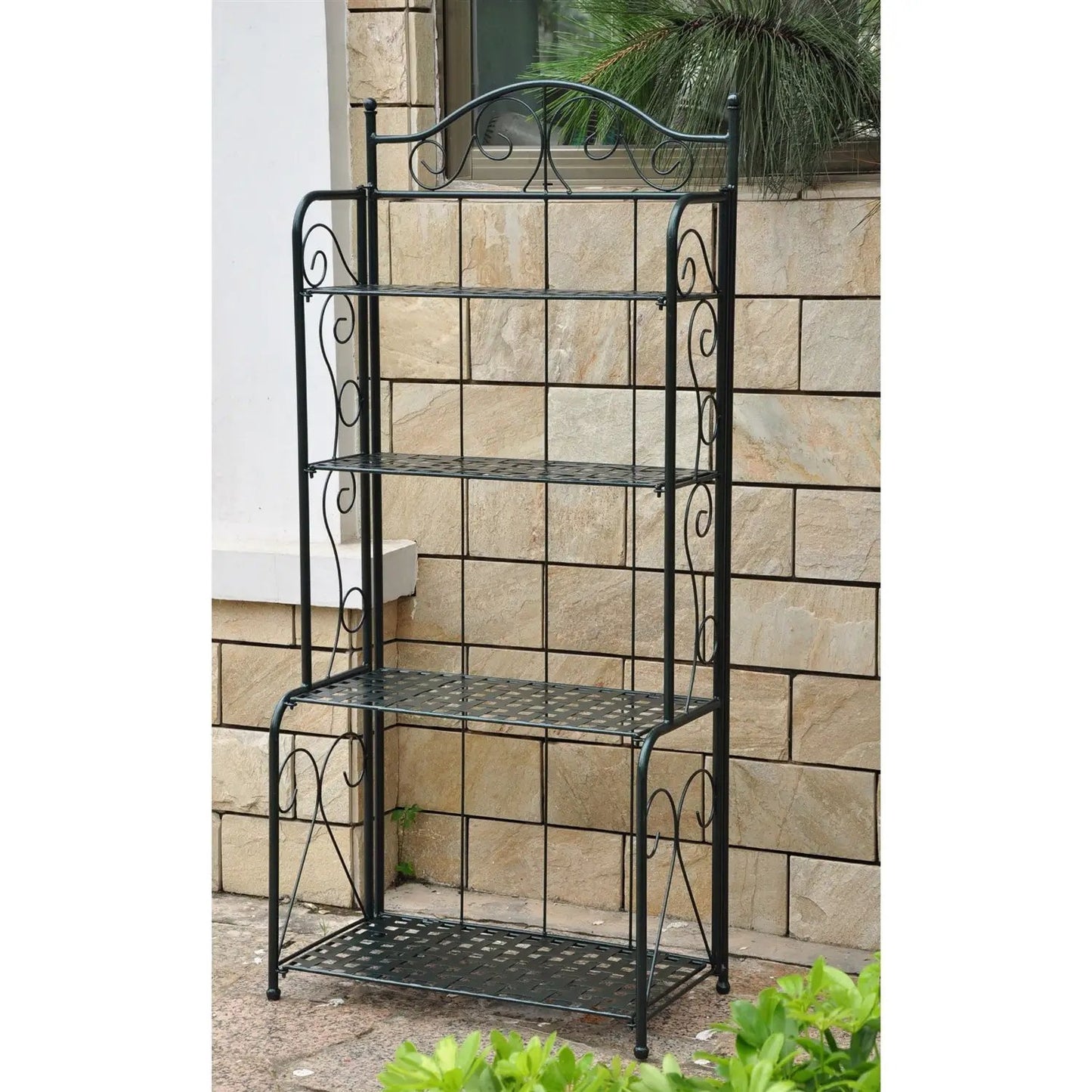 Indoor Outdoor Folding Iron 4-Shelf Bakers Rack black wrought-iron with lattice shelves on Tampa Home & Garden Store