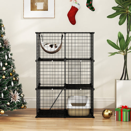 Indoor Cat Cage 3-Tier Cat Enclosure Detachable Metal Wire Kennel-Black - Tampa Home & Garden Store