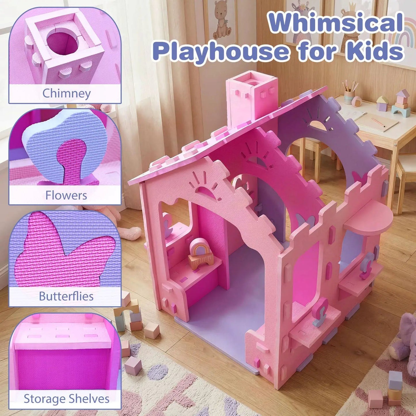 Indoor Cottage Playset with Roof and Chimney in pink and purple foam for kids on Tampa Home & Garden Store