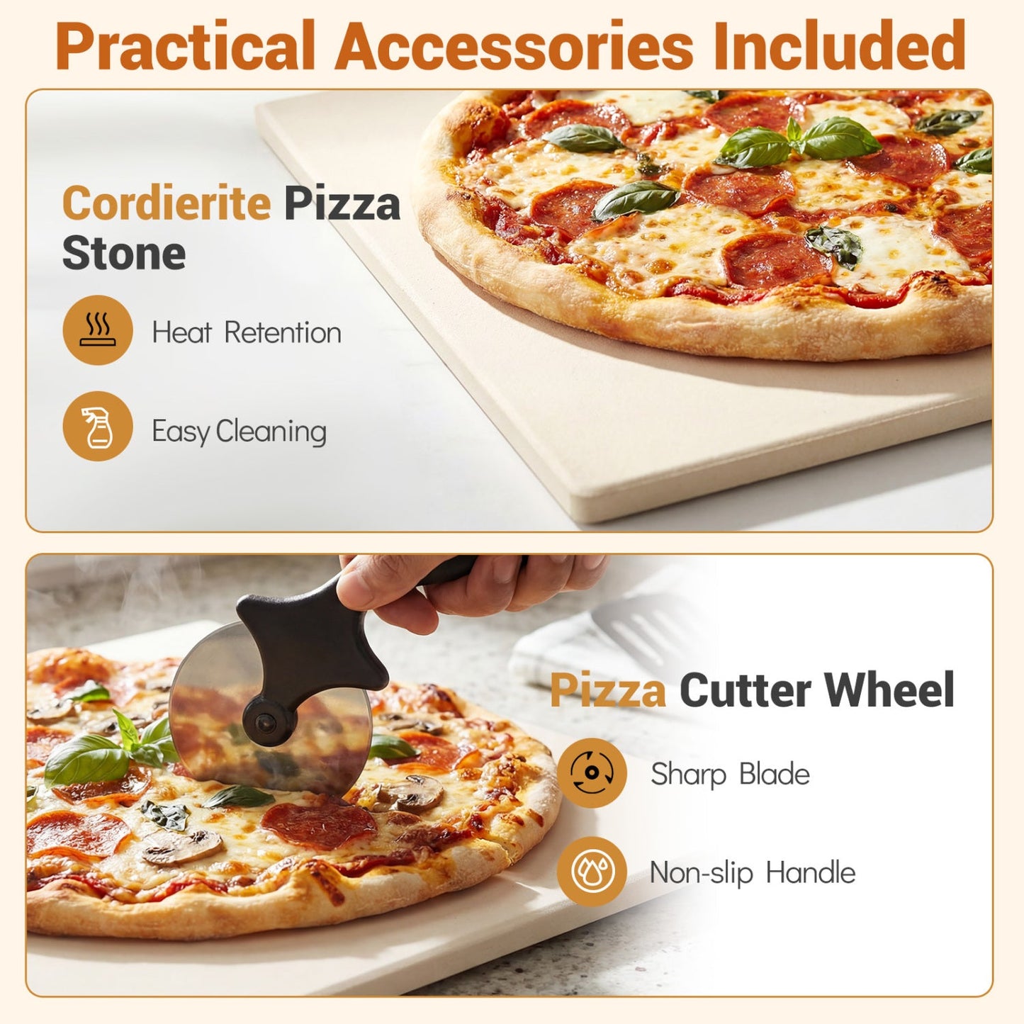 Cordierite pizza stone; pizza cutter wheel with sharp blade on Tampa Home & Garden Store