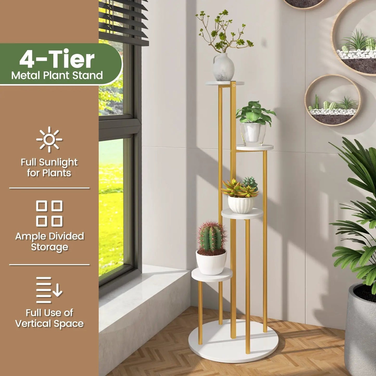 4-tier metal plant stand with gold frame and white round shelves holding potted plants indoors on Tampa Home & Garden Store