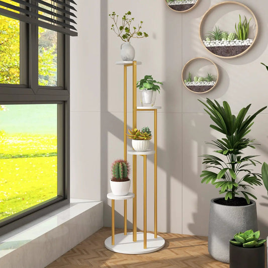 Metal Plant Stand Corner Shelf Golden Frame with white shelves, 4 tiers holding potted plants on Tampa Home & Garden Store