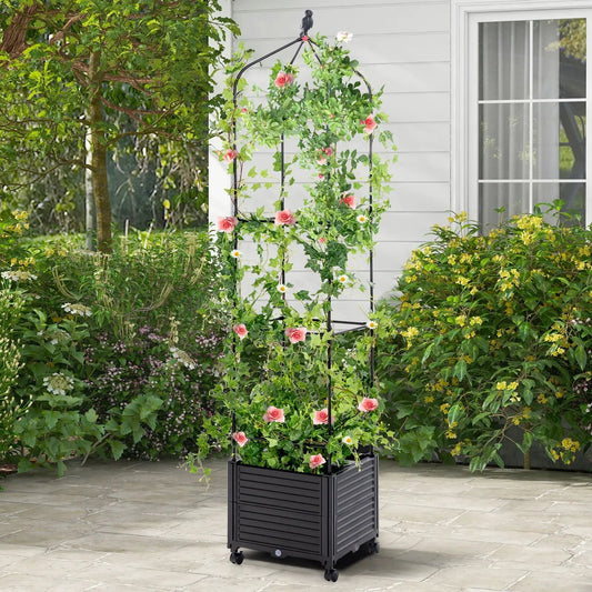 Indoor Outdoor Raised Garden Bed Trellis black wheeled planter with climbing roses on Tampa Home & Garden Store