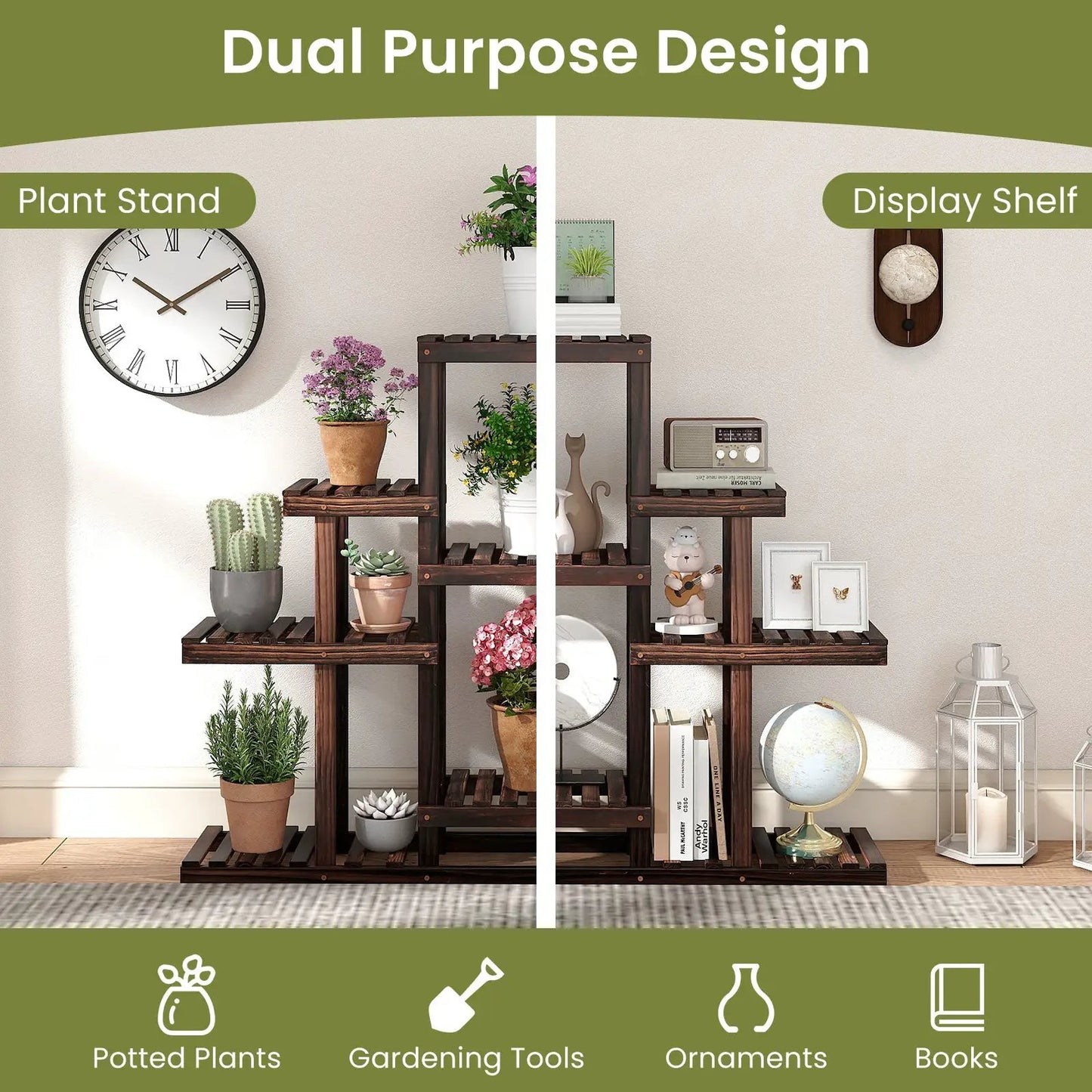 Indoor Outdoor Wood Plant Stand multi-tier corner shelf with potted plants in brown finish on Tampa Home & Garden Store