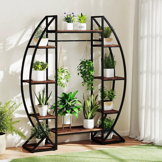 Indoor Plant Stand 63 Inch Tall 10-Tier Corner Black Metal with Wood Shelves on Tampa Home & Garden Store
