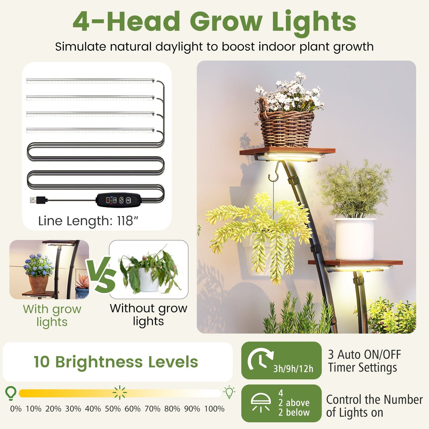 Indoor Plant Stand With Grow Lights 8-Tier Shelf black metal frame with natural wood shelves on Tampa Home & Garden Store