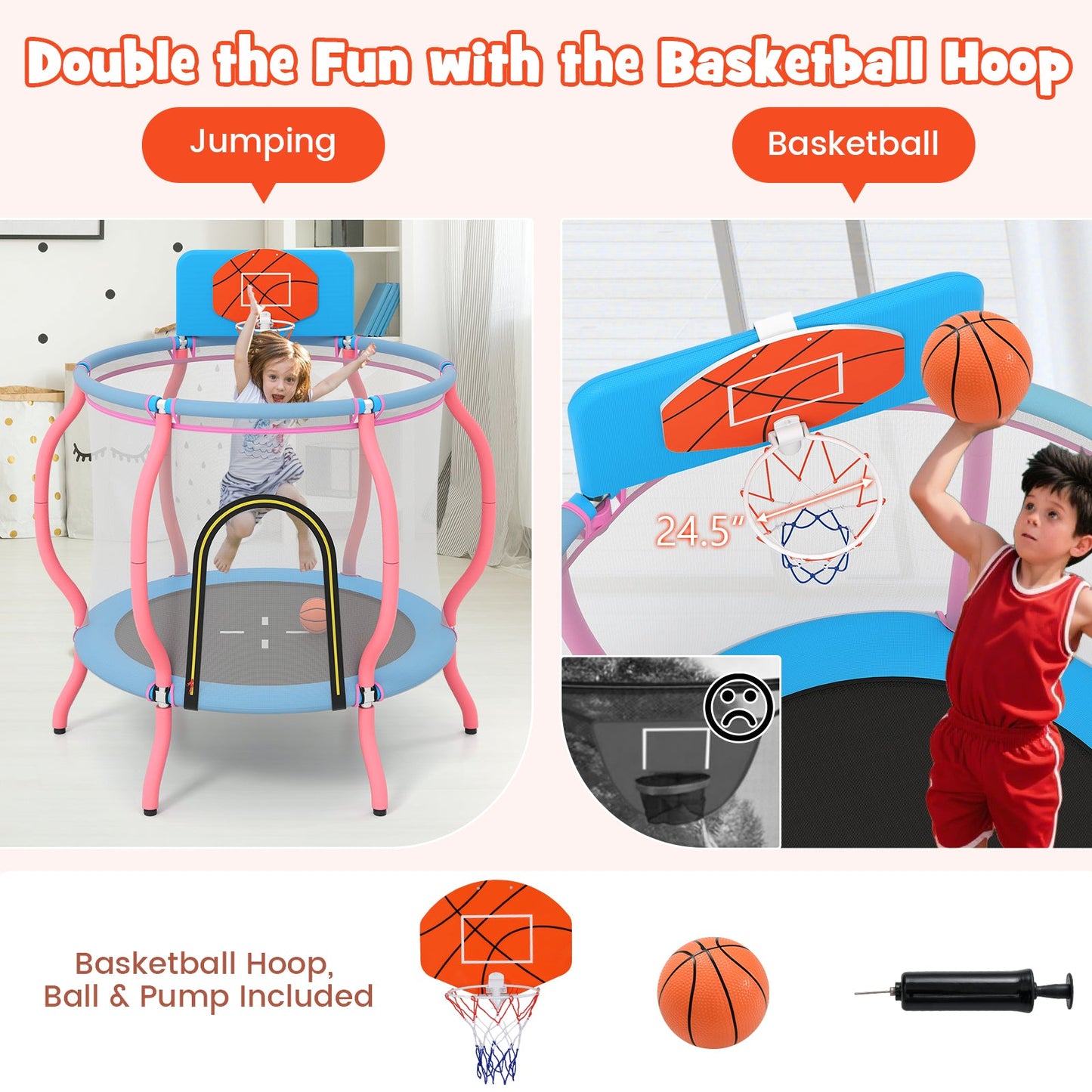 Kids trampoline pumpkin pink with basketball hoop, includes ball and pump on Tampa Home & Garden Store