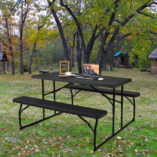 Indoor and Outdoor Folding Picnic Table Bench Set with Wood-like Texture-Black - Tampa Home & Garden Store