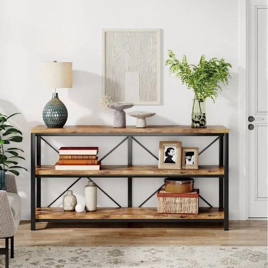 Industrial 55-Inch Wood Shelf Console Table with black metal frame and crisscross supports on Tampa Home & Garden Store