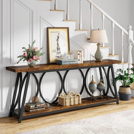 Industrial 70-in. Brown Wood Top Console Table with Heavy Duty Black Metal Frame - Tampa Home & Garden Store
