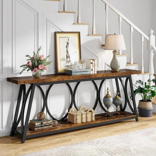 70-in Brown Wood Console Table with Black Frame; warm wood top, curved black metal legs on Tampa Home & Garden Store
