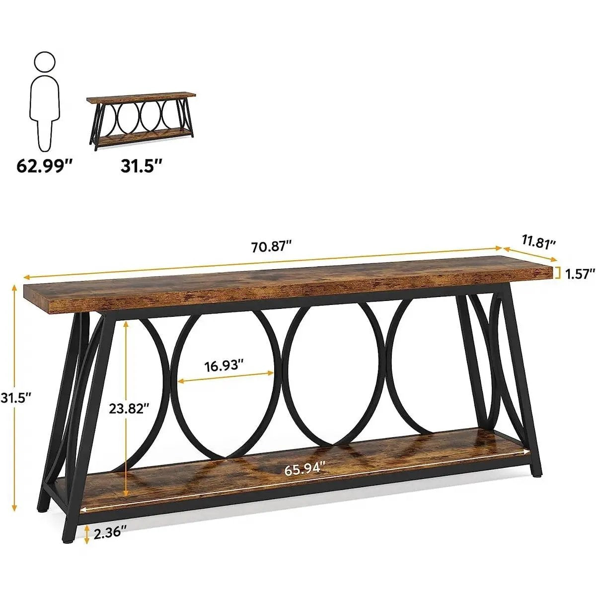 70-in brown wood console table with black metal frame and circular ring accents on Tampa Home & Garden Store
