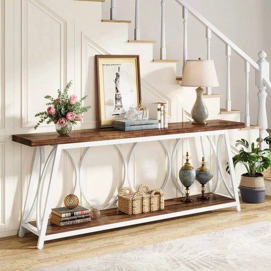 Industrial 70-Inch Brown Wood Top Sofa Table with white metal frame by HomePacific on Tampa Home & Garden Store