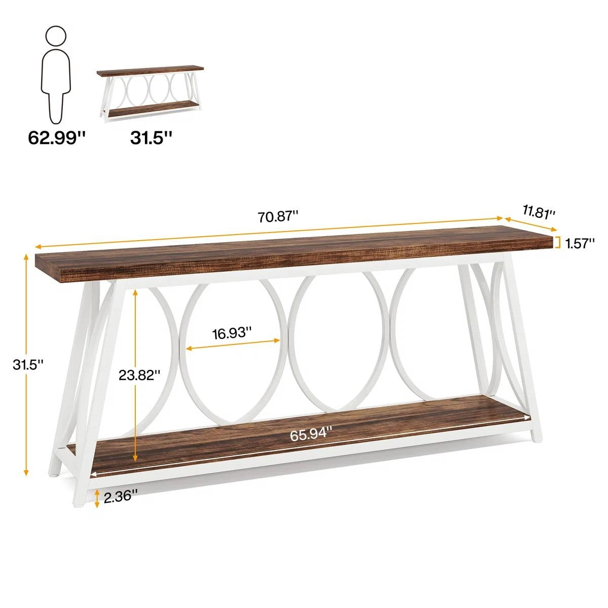 Industrial 70-inch Brown Wood Top Sofa Table with Heavy Duty White Metal Frame - Tampa Home & Garden Store