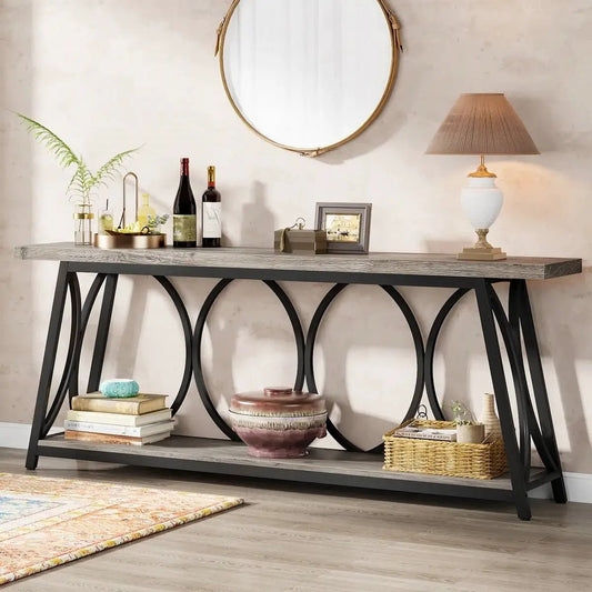Industrial 70-Inch Grey Wood Top Sofa Table with black metal frame on Tampa Home & Garden Store