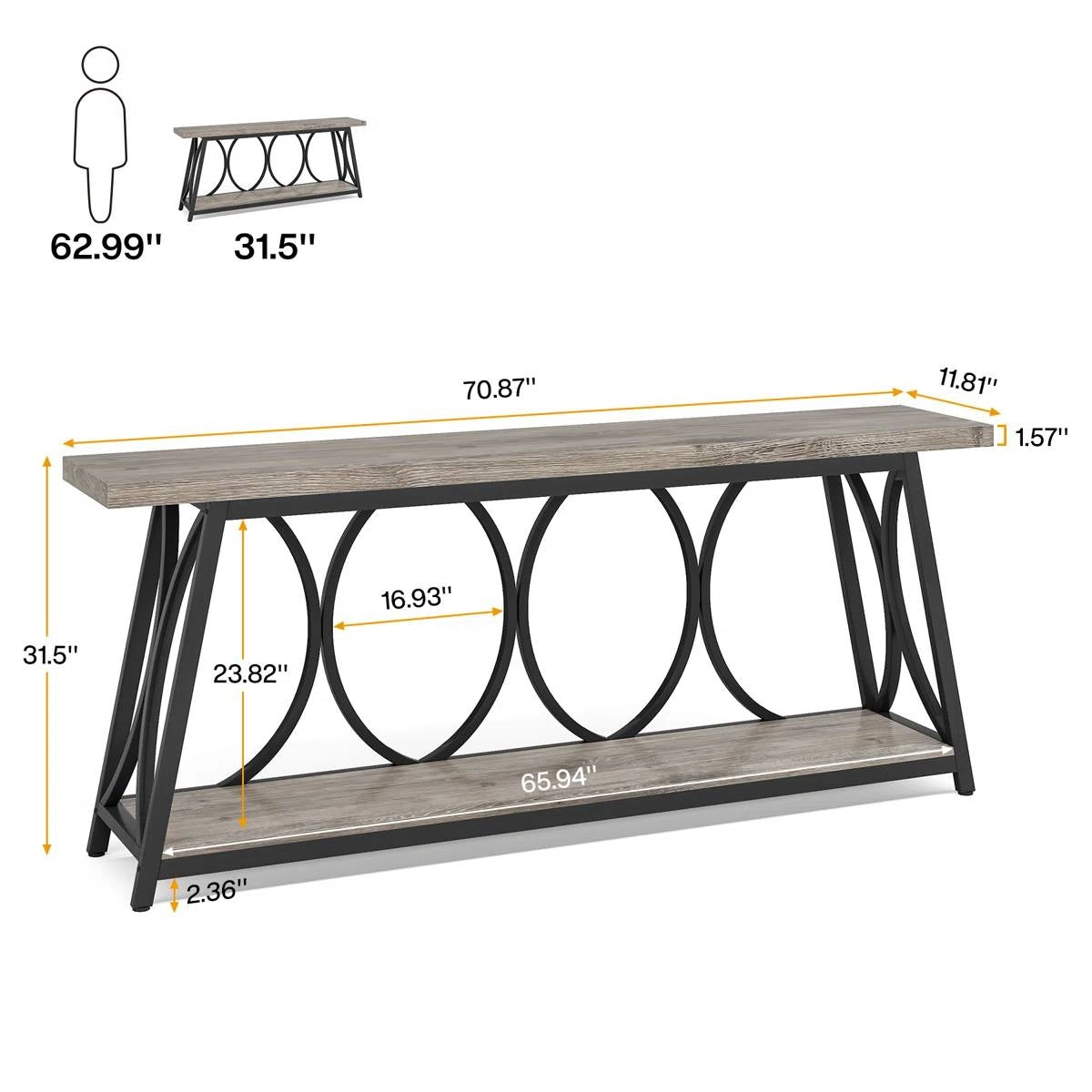 Industrial 70-inch Grey Wood Top Sofa Table with Heavy Duty Black Metal Frame - Tampa Home & Garden Store