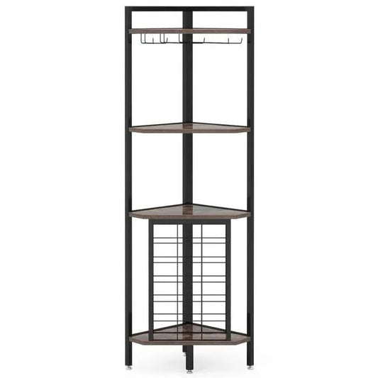 Corner wine rack with glass holders and wood shelves in black metal frame HomePacific on Tampa Home & Garden Store