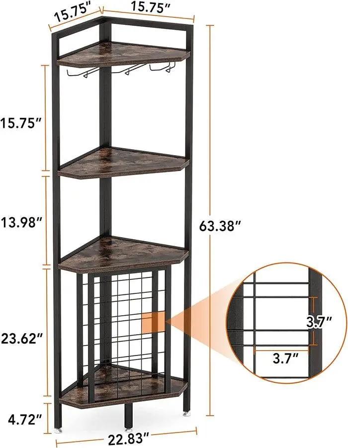 Corner Wine Rack with Glass Holders and Shelving in dark metal frame and brown wood shelves on Tampa Home & Garden Store