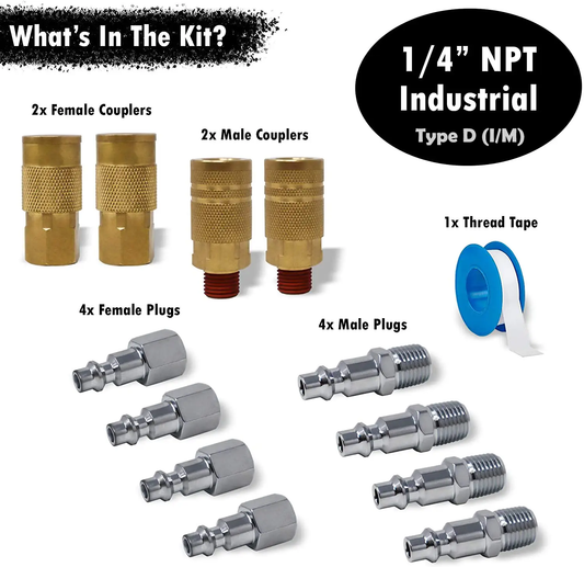 JACO 1/4 in NPT air fittings kit with 2x female/male couplers and 8 plugs, blue thread tape on Tampa Home & Garden Store
