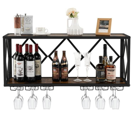 Industrial Rustic Brown Wood Metal Wall Mounted Wine Rack Shelf - Tampa Home & Garden Store