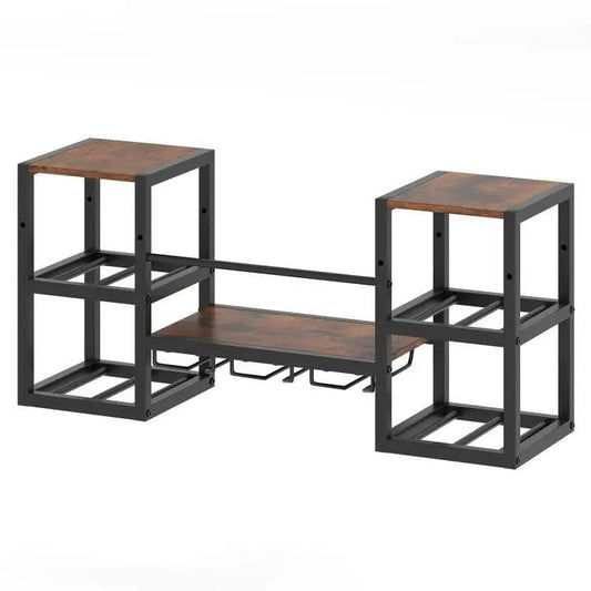 Industrial wood wall-mounted wine rack shelf with gray metal frame and two end cube units on Tampa Home & Garden Store
