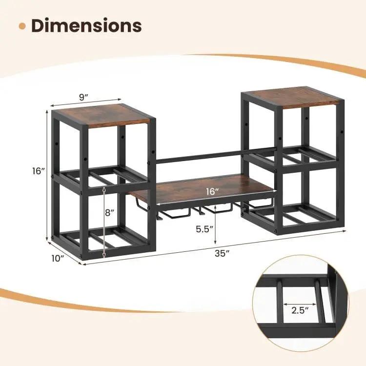 Industrial wood wall wine rack with black metal frame and glass holders, two end towers joined on Tampa Home & Garden Store